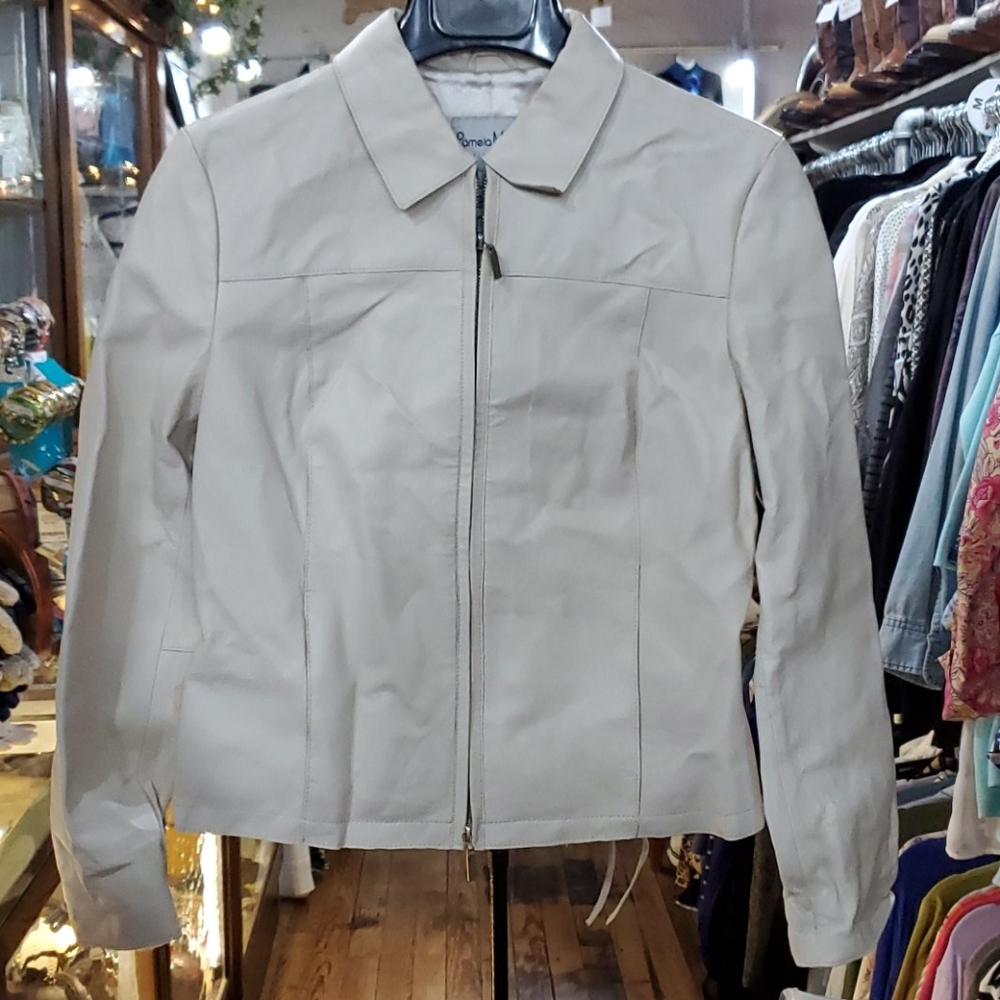 Womens off white leather jacket by Pamela McCoy